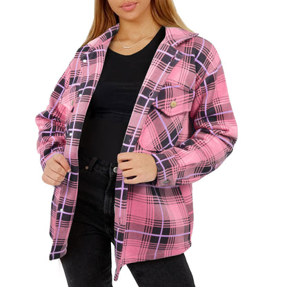 Ladies Shacket Checked Button Down Shirt Jacket Top Oversize Coat For Women