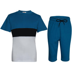 Kids Colour Contrast Panel Top & Shorts Set Summer Wear Girls Boys Age 5-13 yrs