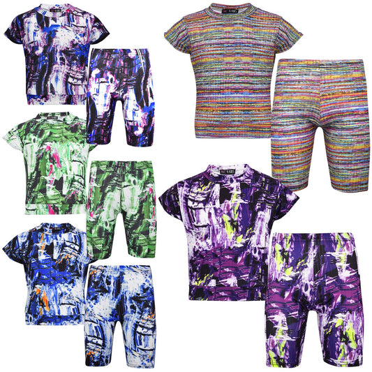 Girls Top Kids Short Sleeves Crop Top Tie Dye Print T Shirt Top & Shorts Set