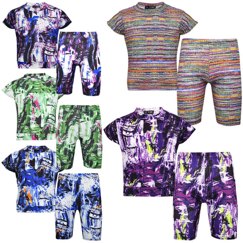 Girls Top Kids Short Sleeves Crop Top Tie Dye Print T Shirt Top & Shorts Set