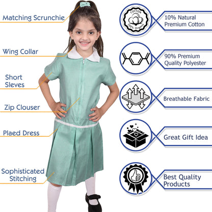 Kids Girls Gingham School Dress Zip Up Check Dresses With Matching Scrunchies
