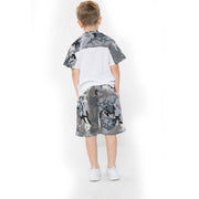 A2Z 4 Kids Two Colour Block Contrast Panel Camo Charcoal Top & Shorts Set Short Sleeves T Shirt Summer Outfit 2 Piece Activewear Girls Boys Age 5-13 Years