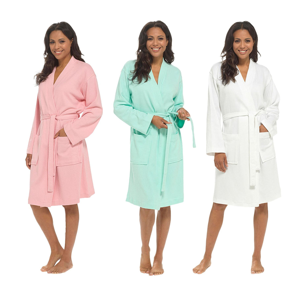 Ladies Waffle Texture Dressing Gown Soft Lightweight Robe with Belt & Pockets