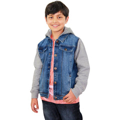 Kids Boys Denim Jacket Fleece Long Sleeves Hooded Stylish Jeans Coat For 2-13 Yr