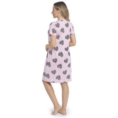 A2Z Ladies Cotton Nightie Pink Short Sleeve Dress with Leopard Heart Print