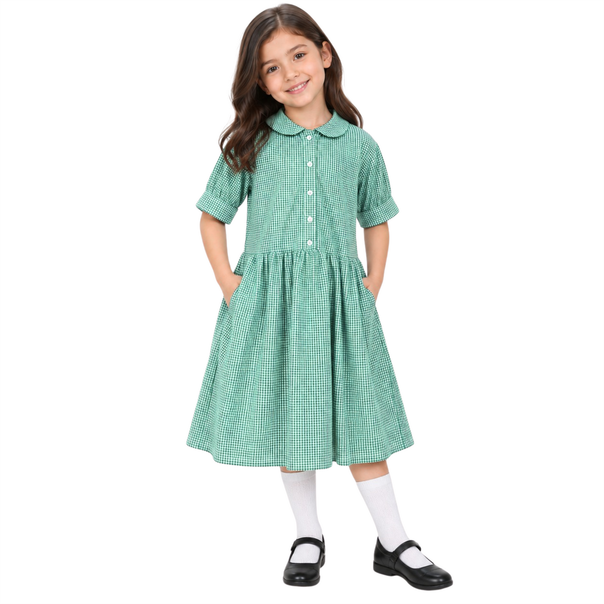 Girls School Gingham Dress Soft Fabric Check Print Front Button Closure Dress