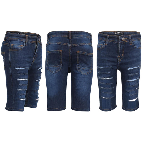Kids Boys Ripped Denim Shorts Dark Blue Comfort Stretch Skinny Pants Trousers