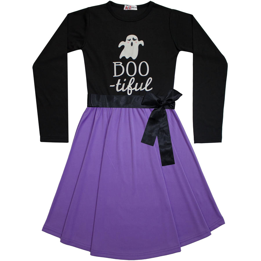 Kids Girls Skater Long Sleeves Glow In The Dark Ghost Print Halloween Dresses
