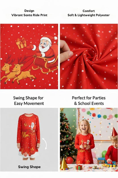 Girls Christmas Swing Dress Santa Sleigh Print Long Sleeve Party Dress Outfit