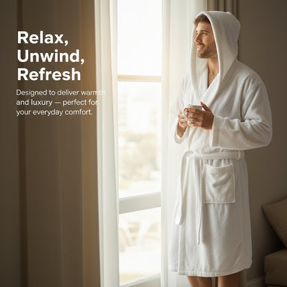 Mens Hooded Towelling Robe Soft Cotton Absorbent Bathrobe with Belt Deep Pockets