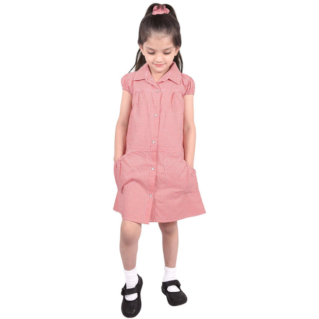 Girls Uniform School Dress Gingham Check Printed Dress With Matching Scrunchies - A2Z 4 Kids