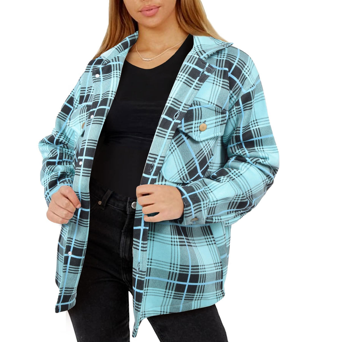 Ladies Shacket Checked Button Down Shirt Jacket Top Oversize Coat For Women