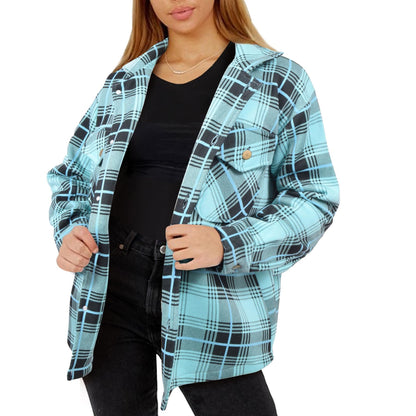 Ladies Shacket Checked Button Down Shirt Jacket Top Oversize Coat For Women