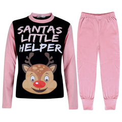 Kids Girls Boys Pyjamas Santas Little Helper Reindeer Contrast Sleeves Xmas PJS