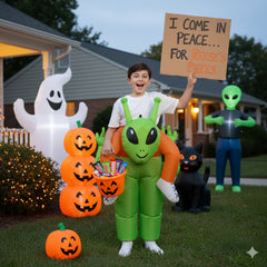 Kids Inflatable Alien Costume Fancy Dress Green Blow Up Suit Halloween Costume