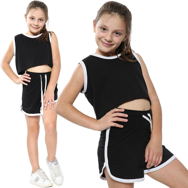 A2Z 4 Kids Kids Girls Shorts Set 100% Cotton Contrast Taped Trendy Fashion Summer Black & White T Shirt Top and Hot Short Pants Outfit Set New Age 5 6 7 8 9 10 11 12 13 Years