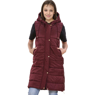 A2Z Kids Girls Fashion Gilet Wine Padded Long Line Vest Jacket Long Sleeveless Coat Urban Winter Wear Oversized Hooded Quilted Coat 7 8 9 10 11 12 13 Years