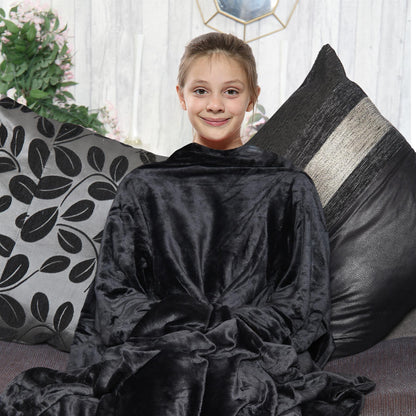 Girls Boys Unisex Black Wearable Snuggle Sleeves Blanket Super Soft Warm Fleece
