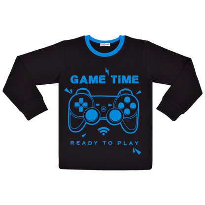 Kids Girls Boys Pyjamas Game Time Contrast Top Bottom 2 Piece PJS Sleepwear Set