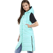 A2Z Kids Girls Fashion Oversized Hooded Quilted Gilet Mint Color Padded Long Line Vest Jacket Long Sleeveless Coat Urban Winter Wear Coat 7-13 Years