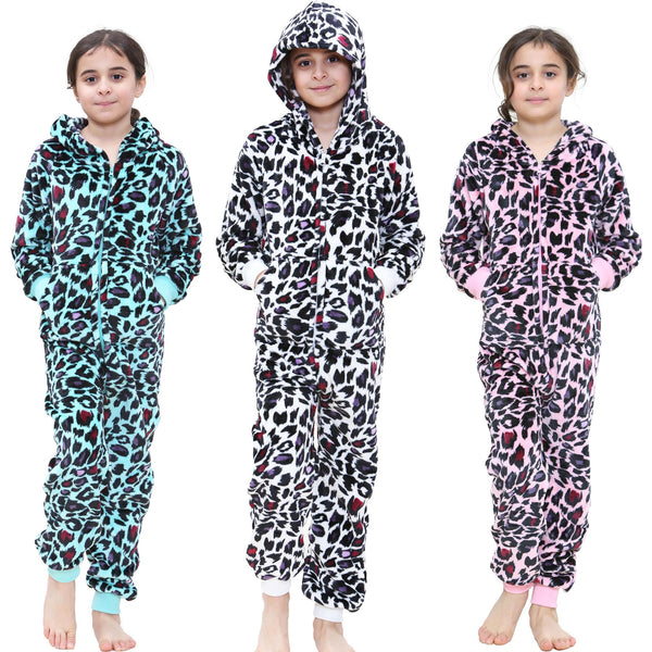 A2Z 4 Kids Girls Onesie Leopard Pyjama Sets Onesie One Piece Hooded All In One