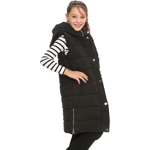 A2Z Kids Girls Black Hooded Quilted Gilet Padded Long Line Vest Down Vest Oversized Jacket Long Sleeveless Coat Urban Winter Wear Age 7 8 9 10 11 12 13 Years