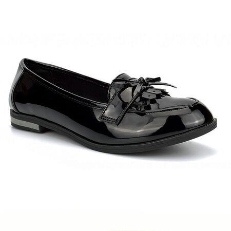 Ladies Peak Valley Patent Slip On Loafers with Bow Detail Glossy Black PU Shoes