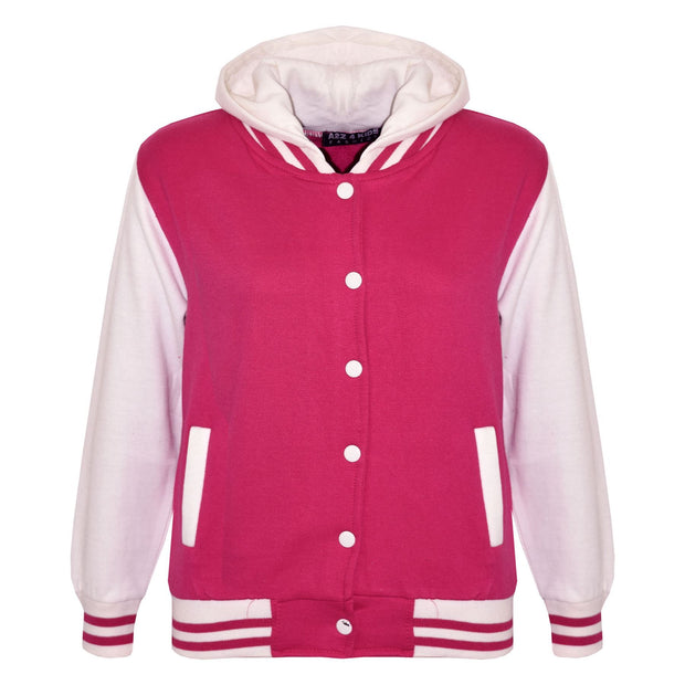 kids Girls Boys B.B Plain Hooded Jacket Varsity Classic Baseball Style Coat 2-13