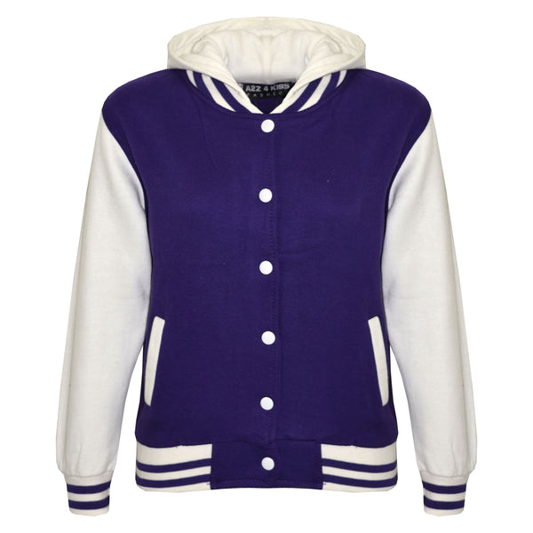 kids Girls Boys B.B Plain Hooded Jacket Varsity Classic Baseball Style Coat 2-13