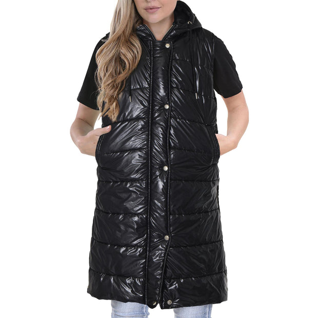 A2Z Ladies Adults Sleeveless Gilet Oversized Wet Look Hooded Quilted Gilet Padded Long Line Vest Jacket Sleeveless Coat Urban Winter Wear