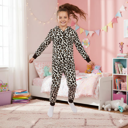 Kids Girls Boys Onesie Soft Fluffy Leopard Print All In One Xmas Costume 7-13 Yr