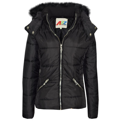 Girls Puffer Jacket Quilted Winter Coat Faux Fur Hood Warm Padded Zipped Coat