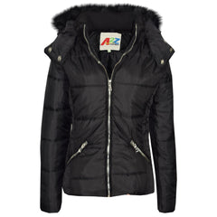 Girls Puffer Jacket Quilted Winter Coat Faux Fur Hood Warm Padded Zipped Coat