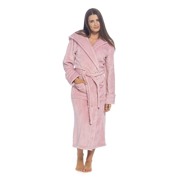Ladies Plush Flannel Fleece Hooded Robe With Belt Pockets Super Warm Bathrobe
