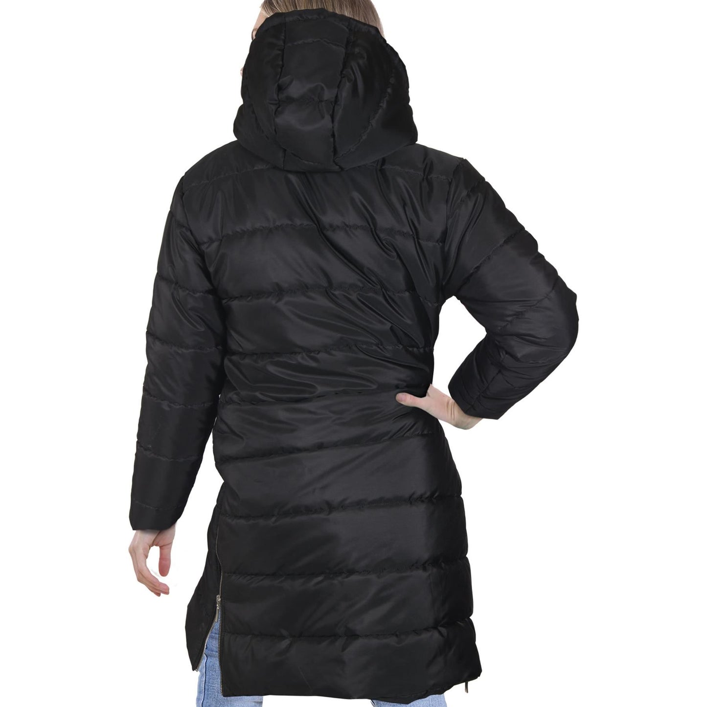 Ladies Adults Long Sleeve Oversized Black Hooded Quilted Padded Coat Jacket