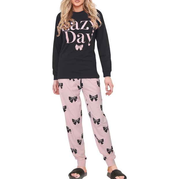 A2Z Ladies 2 Piece Pyjama Set Loungewear Soft Cotton PJS Lazy Day Printed Long Sleeve Black Top Bottom Gift for Ladies Matching PJS Lounge Suit S/M/L/XL/2XL