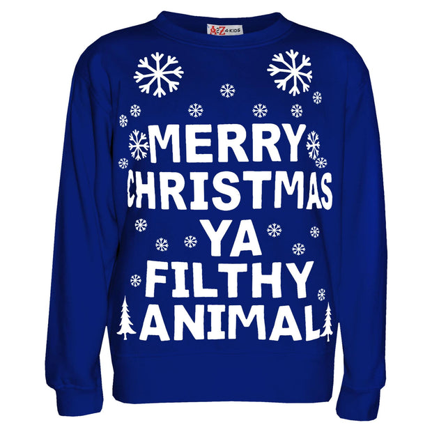 Girls Boys Christmas Jumper Novelty " Merry Christmas Ya Filthy Animal " Sweater Age 7-13 YearsGirls Boys Christmas Jumper Novelty " Merry Christmas Ya Filthy Animal " Sweater Age 7-13 Years