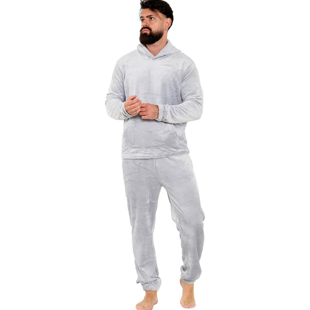 Mens Pyjamas Soft Warm Fleece Adults Hooded Pyjamas 2 Piece Gift Set For Mens