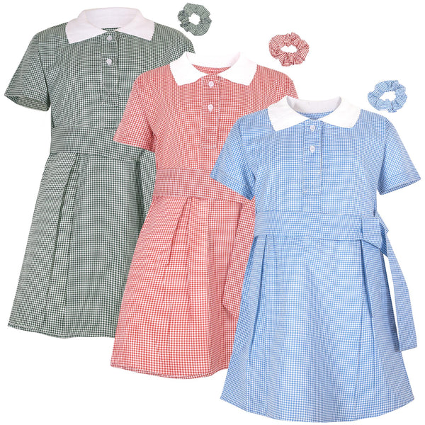 Kids Girls Gingham School Dress Check Belted Dresses With Matching Scrunchies