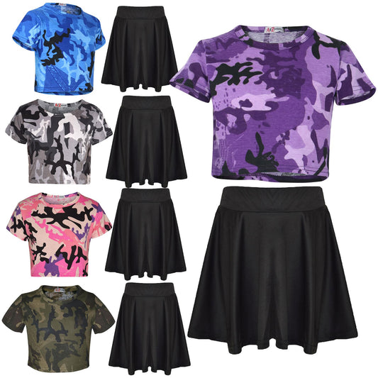 A2Z 4 Kids Camouflage Crop Top & Skater Skirt Set Short Sleeves T Shirt Summer Outfit 2 Piece Activewear For Girls Age 5-13 years