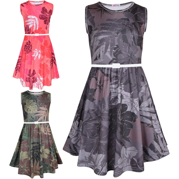 Kids Girls Skater Dress Sleeveless Camo Leaf Print Party Fashion Summer Dresses