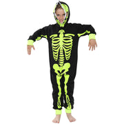 Kids Girls Boys Skeleton Print Pyjama Onesie Neon Green All In One Halloween Costume - A2Z 4 Kids