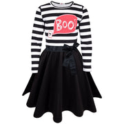 A2Z 4 Kids Girls Skater Dress Long Sleeves Boo Printed Soft Comfortable Stripes Contrast Panelled Halloween Party Fashion Dresses Age 5-13 Years - A2Z 4 Kids