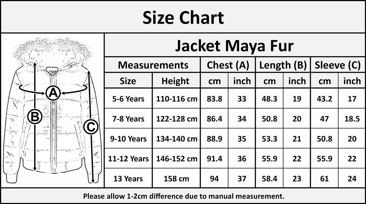 Boys Girls Jackets Kids Maya Faux Fur Hooded Padded Puffer Bubble Coats 5-13 Yrs