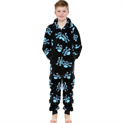 Kids Fun Halloween Skull Bones Print Onesie Pyjama Sets For Girls Boys Jumpsuit