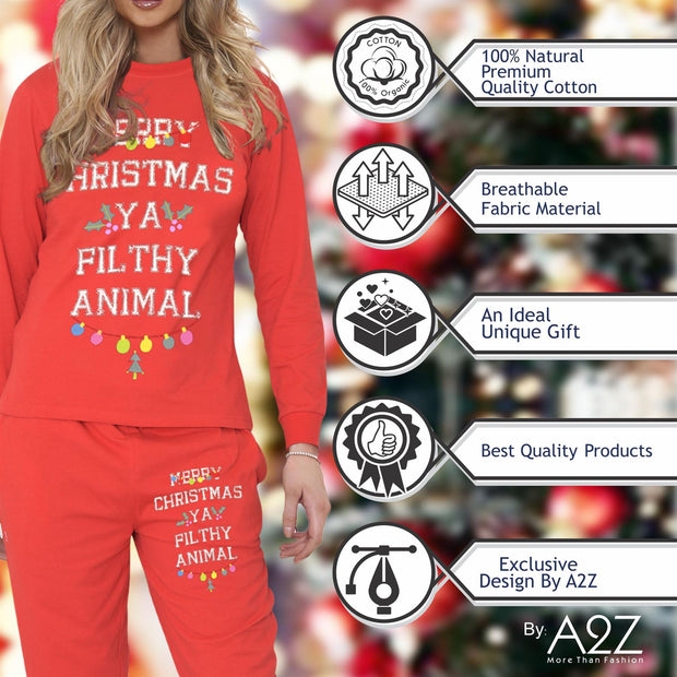 A2Z Mens Ladies 2 Piece Christmas Pyjama Set Loungewear Soft Cotton PJS Long Sleeve Red Color Top and Bottoms Xmas Gift for Unisex Matching PJS Lounge wear S/M/L/XL/2XL