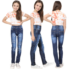 Kids Girls Denim Stars Ripped Jeans Comfort Stretchy Skinny Fashion Pants