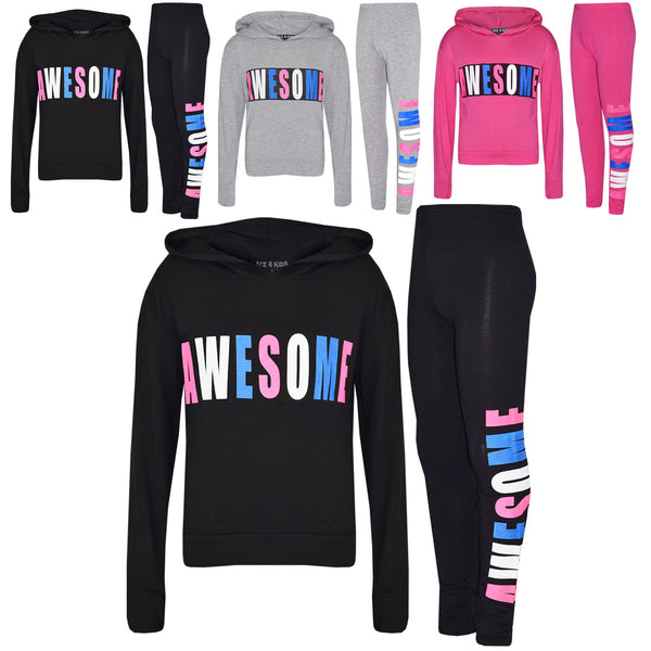 Girls Tops Kids Awesome Print Hooded T Shirt Top Legging Lounge Wear Set 7-13 Yr