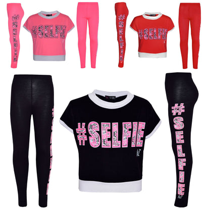 Girls Top Kids #Selfie Print Designer T Shirt & Graffiti Legging Set 7-13 Years