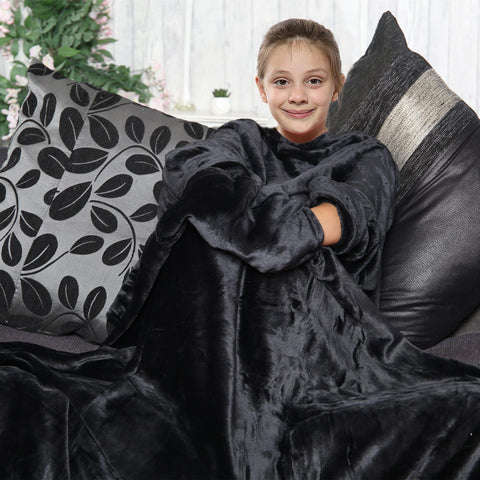 Girls Boys Unisex Black Wearable Snuggle Sleeves Blanket Super Soft Warm Fleece